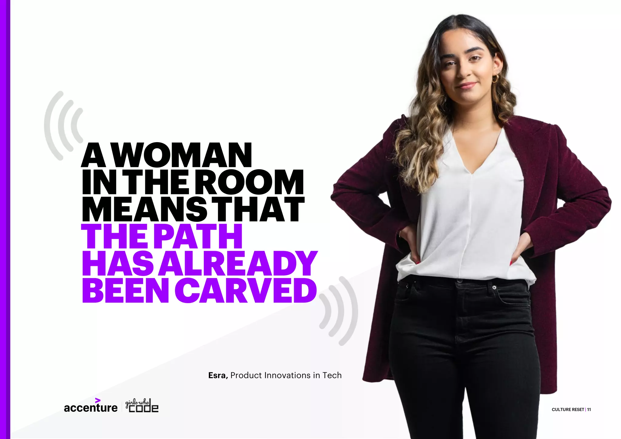 CULTURE RESET | 11
AWOMAN
INTHEROOM
MEANSTHAT
THEPATH
HASALREADY
BEENCARVED
Esra, Product Innovations in Tech
 