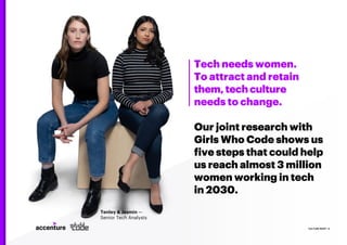 Tenley & Jasmin —
Senior Tech Analysts
CULTURE RESET | 6
Tech needs women.
To attract and retain
them, tech culture
needs to change.
Our joint research with
Girls Who Code shows us
five steps that could help
us reach almost 3 million
women working in tech
in 2030.
 