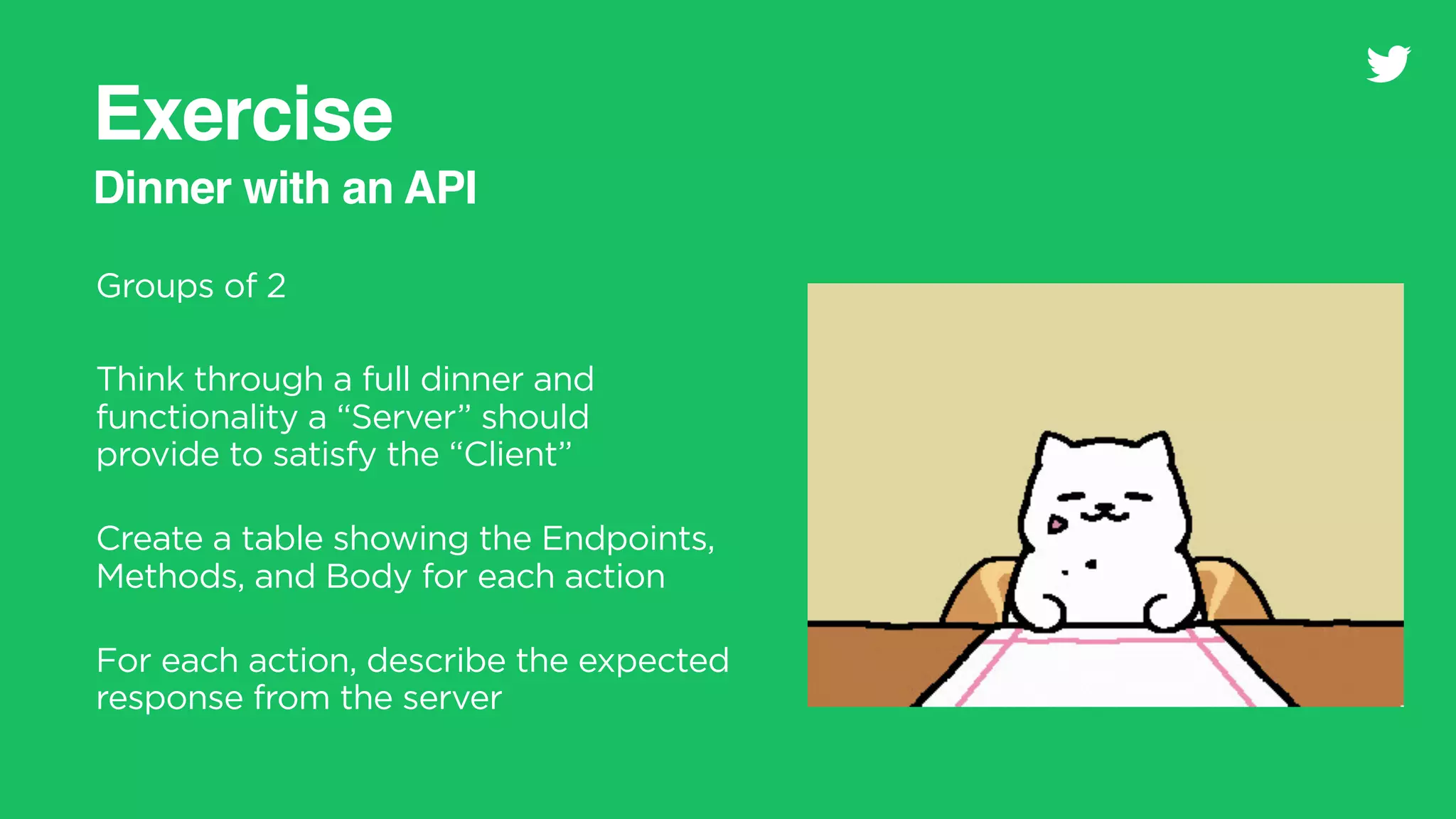 Dinner with an API
Exercise
Groups of 2
Think through a full dinner and
functionality a “Server” should
provide to satisfy the “Client”
Create a table showing the Endpoints,
Methods, and Body for each action
For each action, describe the expected
response from the server
 