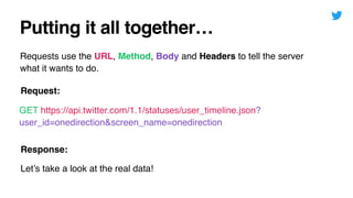 Putting it all together…
Requests use the URL, Method, Body and Headers to tell the server
what it wants to do.
GET https://api.twitter.com/1.1/statuses/user_timeline.json?
user_id=onedirection&screen_name=onedirection
Request:
Response:
Let’s take a look at the real data!
 
