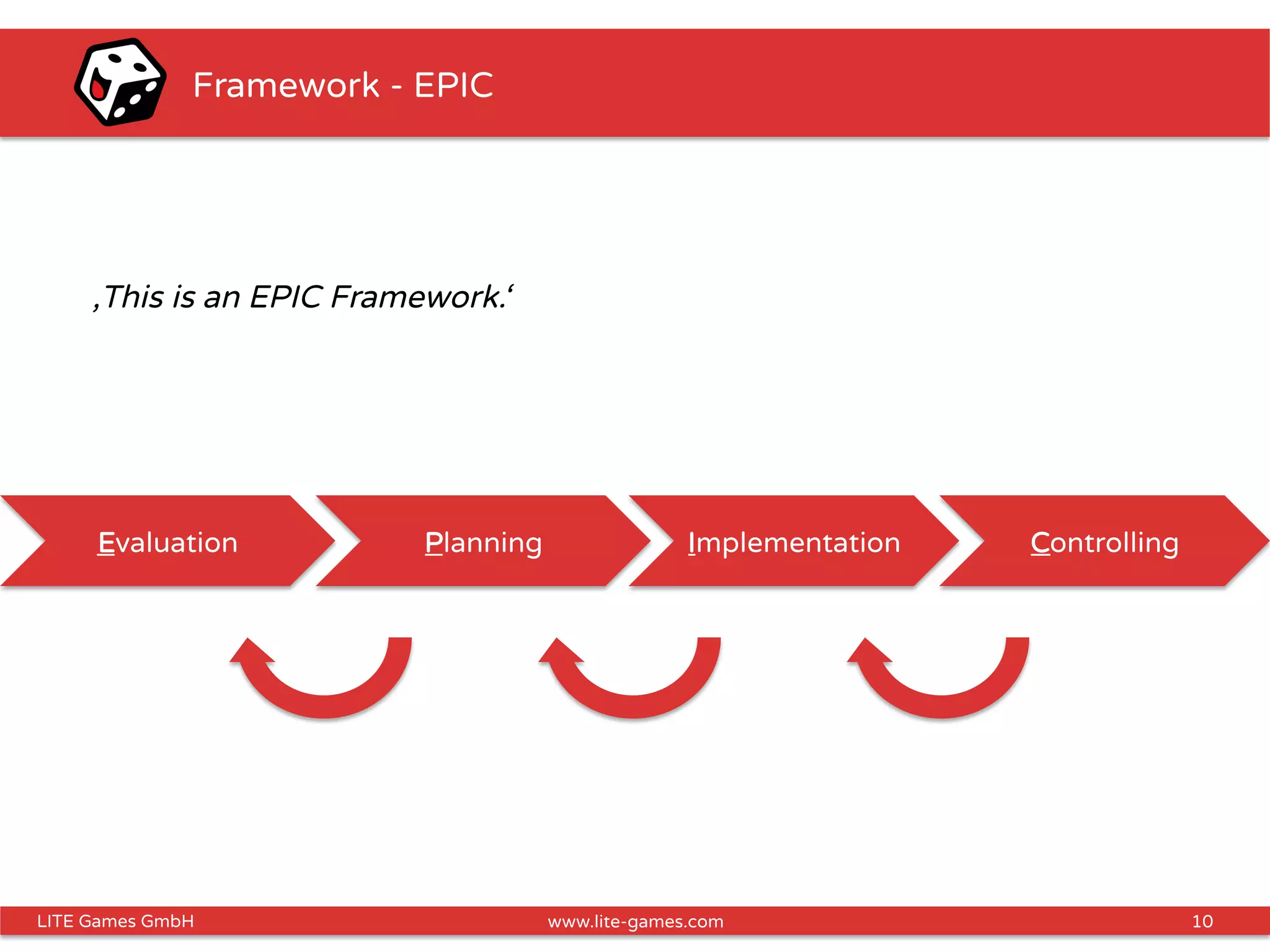 10LITE Games GmbH www.lite-games.com
Framework - EPIC
‚This is an EPIC Framework.‘
Evaluation Planning Implementation Controlling
 