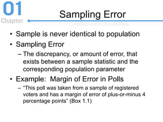 Sampling Error
• Sample is never identical to population
• Sampling Error
– The discrepancy, or amount of error, that
exists between a sample statistic and the
corresponding population parameter
• Example: Margin of Error in Polls
– “This poll was taken from a sample of registered
voters and has a margin of error of plus-or-minus 4
percentage points” (Box 1.1)
 