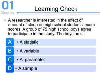 Learning Check
• A researcher is interested in the effect of
amount of sleep on high school students’ exam
scores. A group of 75 high school boys agree
to participate in the study. The boys are…
• A statisticA
• A variableB
• A parameterC
• A sampleD
 