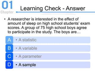 Learning Check - Answer
• A researcher is interested in the effect of
amount of sleep on high school students’ exam
scores. A group of 75 high school boys agree
to participate in the study. The boys are…
• A statisticA
• A variableB
• A parameterC
• A sampleD
 