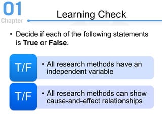 Learning Check
• Decide if each of the following statements
is True or False.
• All research methods have an
independent variableT/F
• All research methods can show
cause-and-effect relationshipsT/F
 