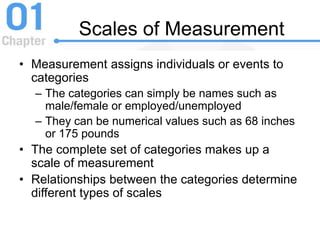 Scales of Measurement
• Measurement assigns individuals or events to
categories
– The categories can simply be names such as
male/female or employed/unemployed
– They can be numerical values such as 68 inches
or 175 pounds
• The complete set of categories makes up a
scale of measurement
• Relationships between the categories determine
different types of scales
 