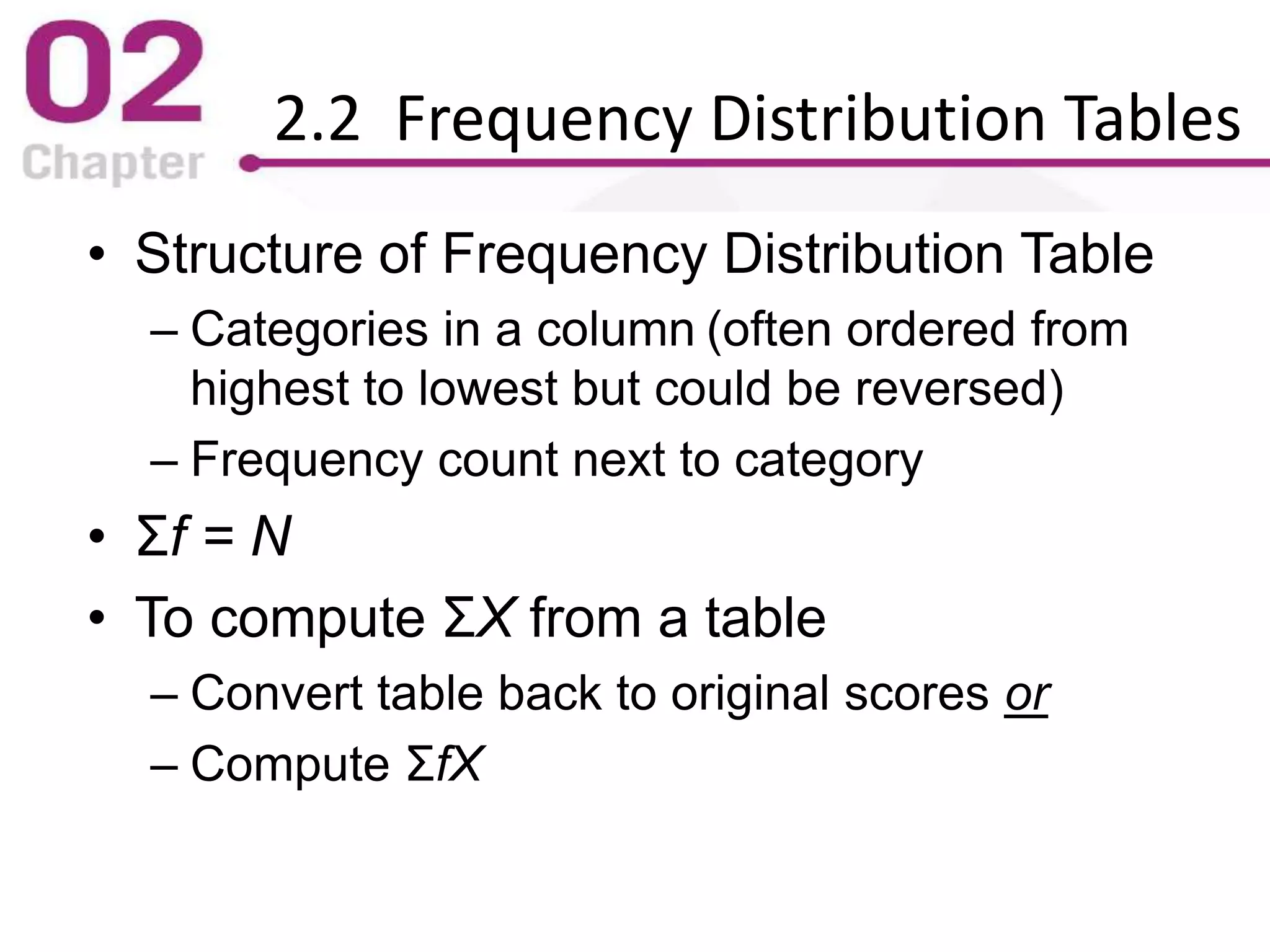 2.2 Frequency Distribution Tables
• Structure of Frequency Distribution Table
– Categories in a column (often ordered from
highest to lowest but could be reversed)
– Frequency count next to category
• Σf = N
• To compute ΣX from a table
– Convert table back to original scores or
– Compute ΣfX
 