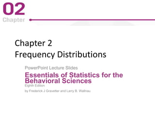 Chapter 2
Frequency Distributions
PowerPoint Lecture Slides
Essentials of Statistics for the
Behavioral Sciences
Eighth Edition
by Frederick J Gravetter and Larry B. Wallnau
 