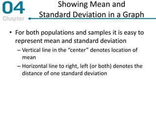 Showing Mean and
Standard Deviation in a Graph
• For both populations and samples it is easy to
represent mean and standard deviation
– Vertical line in the “center” denotes location of
mean
– Horizontal line to right, left (or both) denotes the
distance of one standard deviation
 