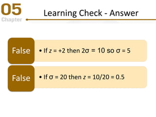 Learning Check - Answer
• If z = +2 then 2σ = 10 so σ = 5False
• If σ = 20 then z = 10/20 = 0.5False
 
