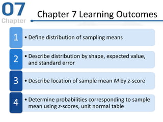 Chapter 7 Learning Outcomes
• Define distribution of sampling means1
• Describe distribution by shape, expected value,
and standard error2
• Describe location of sample mean M by z-score3
• Determine probabilities corresponding to sample
mean using z-scores, unit normal table4
 