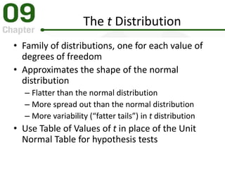 The t Distribution
• Family of distributions, one for each value of
degrees of freedom
• Approximates the shape of the normal
distribution
– Flatter than the normal distribution
– More spread out than the normal distribution
– More variability (“fatter tails”) in t distribution
• Use Table of Values of t in place of the Unit
Normal Table for hypothesis tests
 