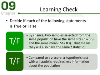 Learning Check
• Decide if each of the following statements
is True or False
• By chance, two samples selected from the
same population have the same size (n = 36)
and the same mean (M = 83). That means
they will also have the same t statistic.
T/F
• Compared to a z-score, a hypothesis test
with a t statistic requires less information
about the population
T/F
 