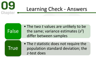 Learning Check - Answers
• The two t values are unlikely to be
the same; variance estimates (s2)
differ between samples
False
• The t statistic does not require the
population standard deviation; the
z-test does
True
 
