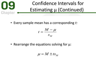 Confidence Intervals for
Estimating μ (Continued)
• Every sample mean has a corresponding t:
• Rearrange the equations solving for μ:
Ms
M
t


MtsM 
 