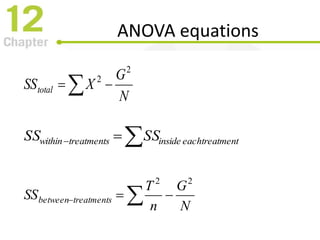 ANOVA equations
N
G
XSStotal
2
2
 
 treatmenteachinsidetreatmentswithin SSSS
N
G
n
T
SS treatmentsbetween
22
 
 