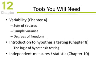 Tools You Will Need
• Variability (Chapter 4)
– Sum of squares
– Sample variance
– Degrees of freedom
• Introduction to hypothesis testing (Chapter 8)
– The logic of hypothesis testing
• Independent-measures t statistic (Chapter 10)
 