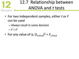 12.7 Relationship between
ANOVA and t tests
• For two independent samples, either t or F
can be used
– Always result in same decision
– F = t2
• For any value of α, (tcritical)2 = Fcritical
 