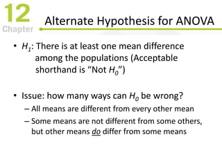 Alternate Hypothesis for ANOVA
• H1: There is at least one mean difference
among the populations (Acceptable
shorthand is “Not H0”)
• Issue: how many ways can H0 be wrong?
– All means are different from every other mean
– Some means are not different from some others,
but other means do differ from some means
 