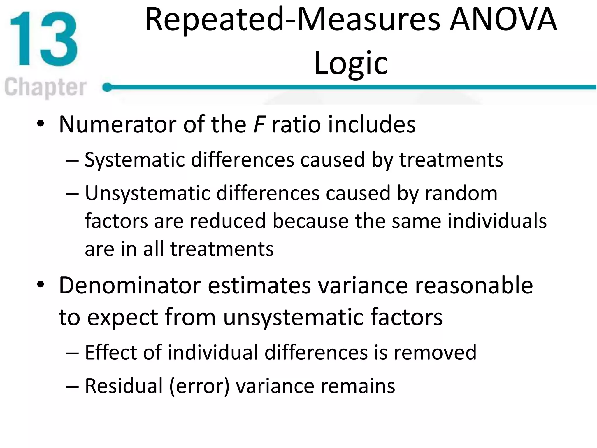 Repeated-Measures ANOVA
Logic
• Numerator of the F ratio includes
– Systematic differences caused by treatments
– Unsystematic differences caused by random
factors are reduced because the same individuals
are in all treatments
• Denominator estimates variance reasonable
to expect from unsystematic factors
– Effect of individual differences is removed
– Residual (error) variance remains
 