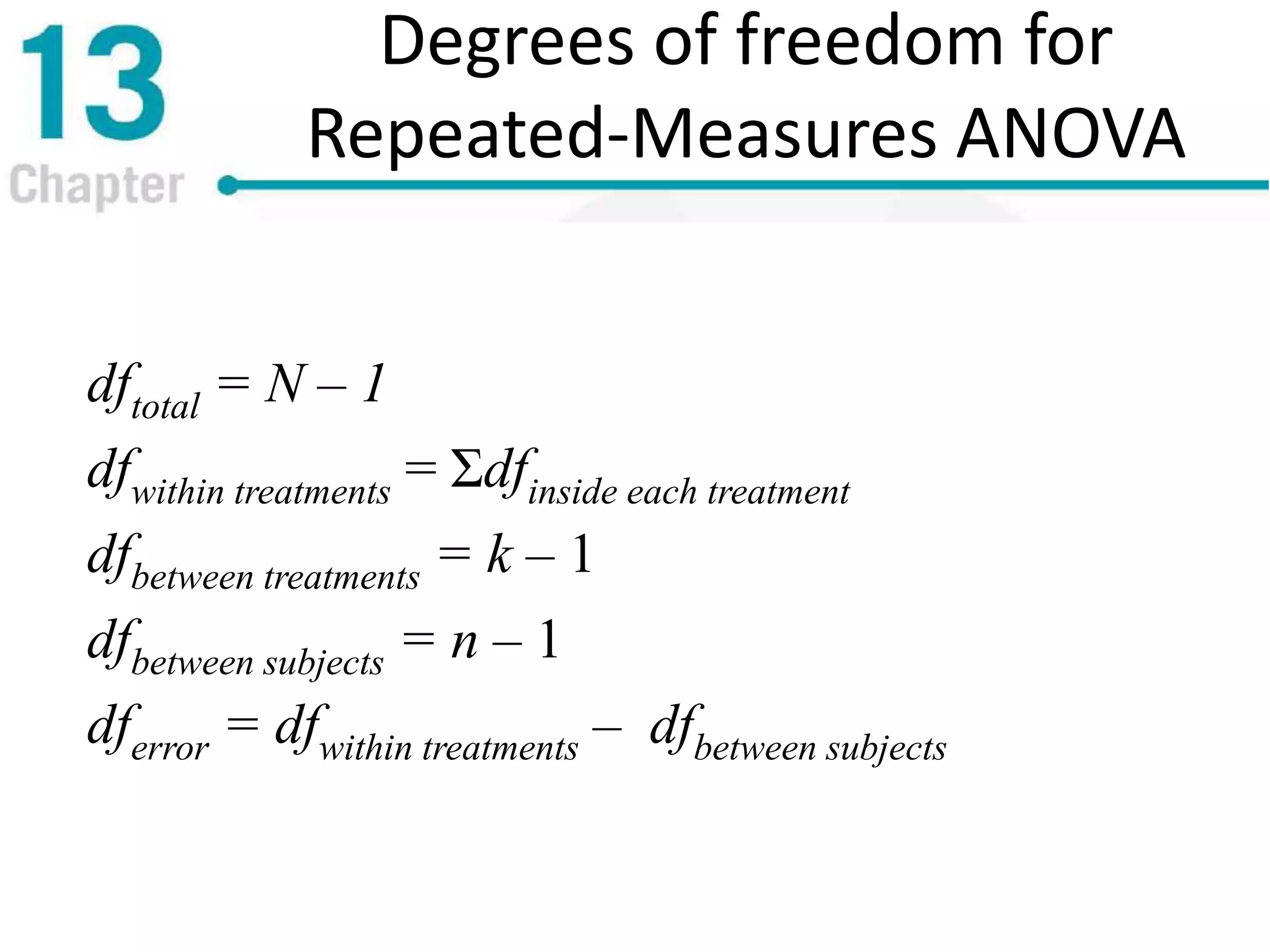 Degrees of freedom for
Repeated-Measures ANOVA
dftotal = N – 1
dfwithin treatments = Σdfinside each treatment
dfbetween treatments = k – 1
dfbetween subjects = n – 1
dferror = dfwithin treatments – dfbetween subjects
 