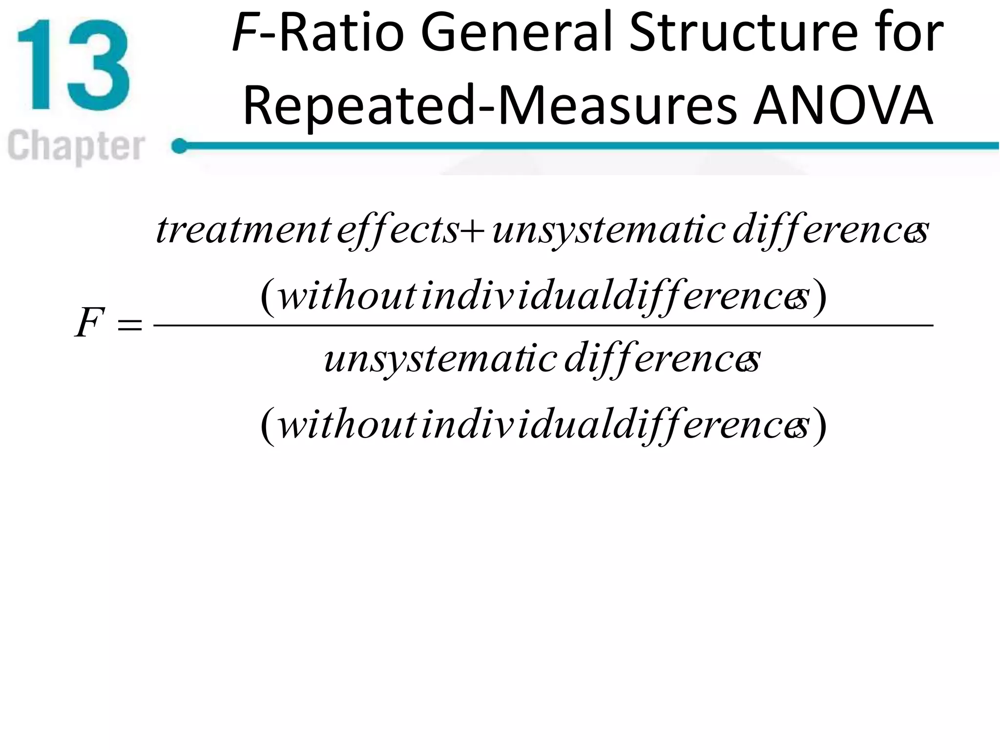 F-Ratio General Structure for
Repeated-Measures ANOVA
)(
)(
sdifferenceindividualwithout
sdifferenceicunsystemat
sdifferenceindividualwithout
sdifferenceicunsystemateffectstreatment
F


 