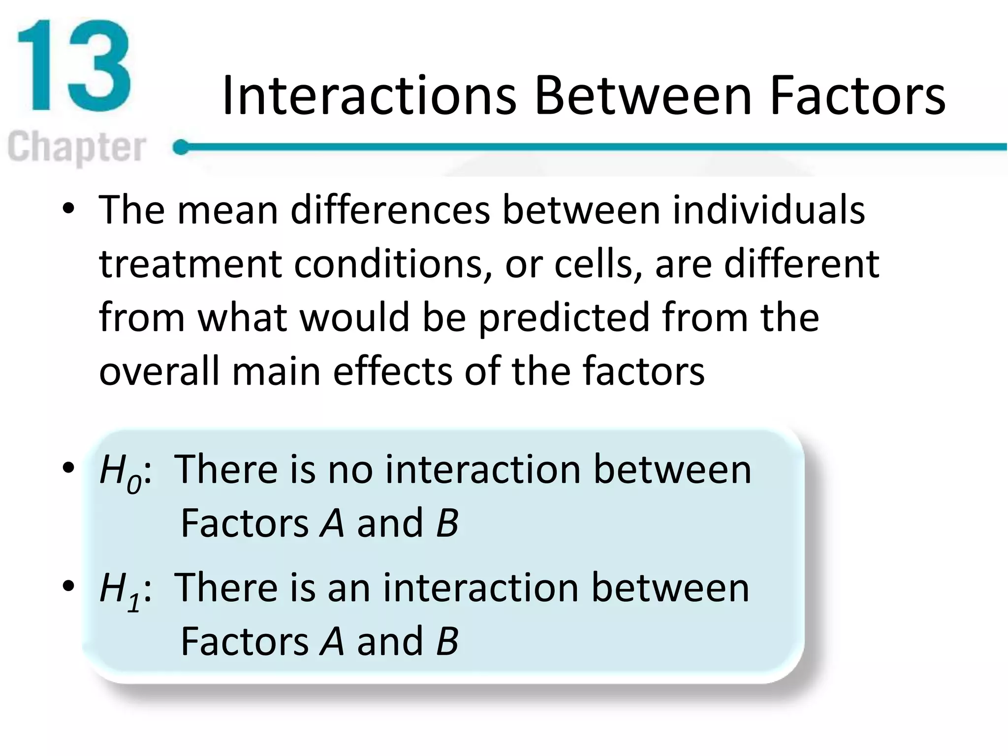 Interactions Between Factors
• The mean differences between individuals
treatment conditions, or cells, are different
from what would be predicted from the
overall main effects of the factors
• H0: There is no interaction between
Factors A and B
• H1: There is an interaction between
Factors A and B
 