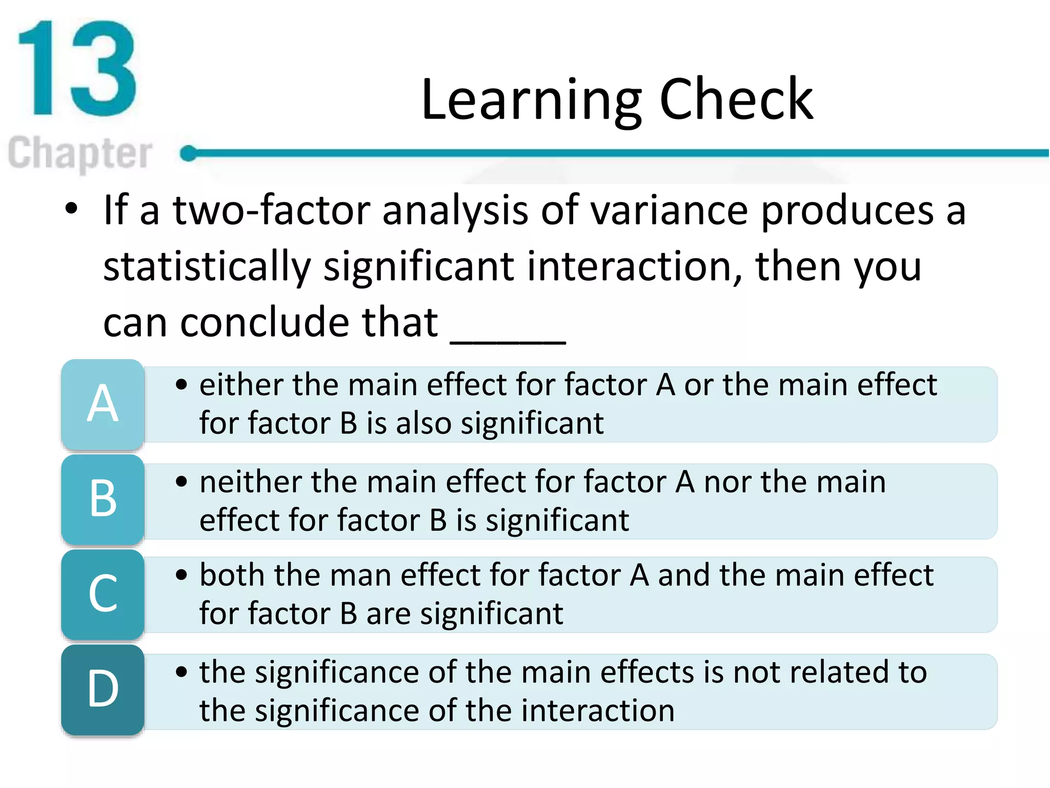 Learning Check
• If a two-factor analysis of variance produces a
statistically significant interaction, then you
can conclude that _____
• either the main effect for factor A or the main effect
for factor B is also significantA
• neither the main effect for factor A nor the main
effect for factor B is significantB
• both the man effect for factor A and the main effect
for factor B are significantC
• the significance of the main effects is not related to
the significance of the interactionD
 