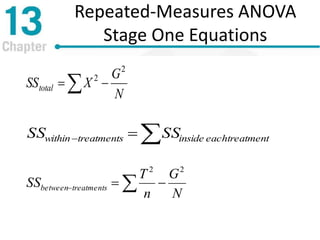 Repeated-Measures ANOVA
Stage One Equations
N
G
XSStotal
2
2
 
 treatmenteachinsidetreatmentswithin SSSS
N
G
n
T
SS treatmentsbetween
22
 
 