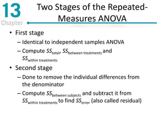Two Stages of the Repeated-
Measures ANOVA
• First stage
– Identical to independent samples ANOVA
– Compute SStotal, SSbetween treatments and
SSwithin treatments
• Second stage
– Done to remove the individual differences from
the denominator
– Compute SSbetween subjects and subtract it from
SSwithin treatments to find SSerror (also called residual)
 