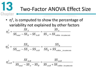 Two-Factor ANOVA Effect Size
• η2, is computed to show the percentage of
variability not explained by other factors
treatmentswithinA
A
AxBBtotal
A
A
SSSS
SS
SSSSSS
SS



2

treatmentswithinB
B
AxBAtotal
B
B
SSSS
SS
SSSSSS
SS
_
2




treatmentswithinAxB
AxB
BAtotal
AxB
AxB
SSSS
SS
SSSSSS
SS



2

 