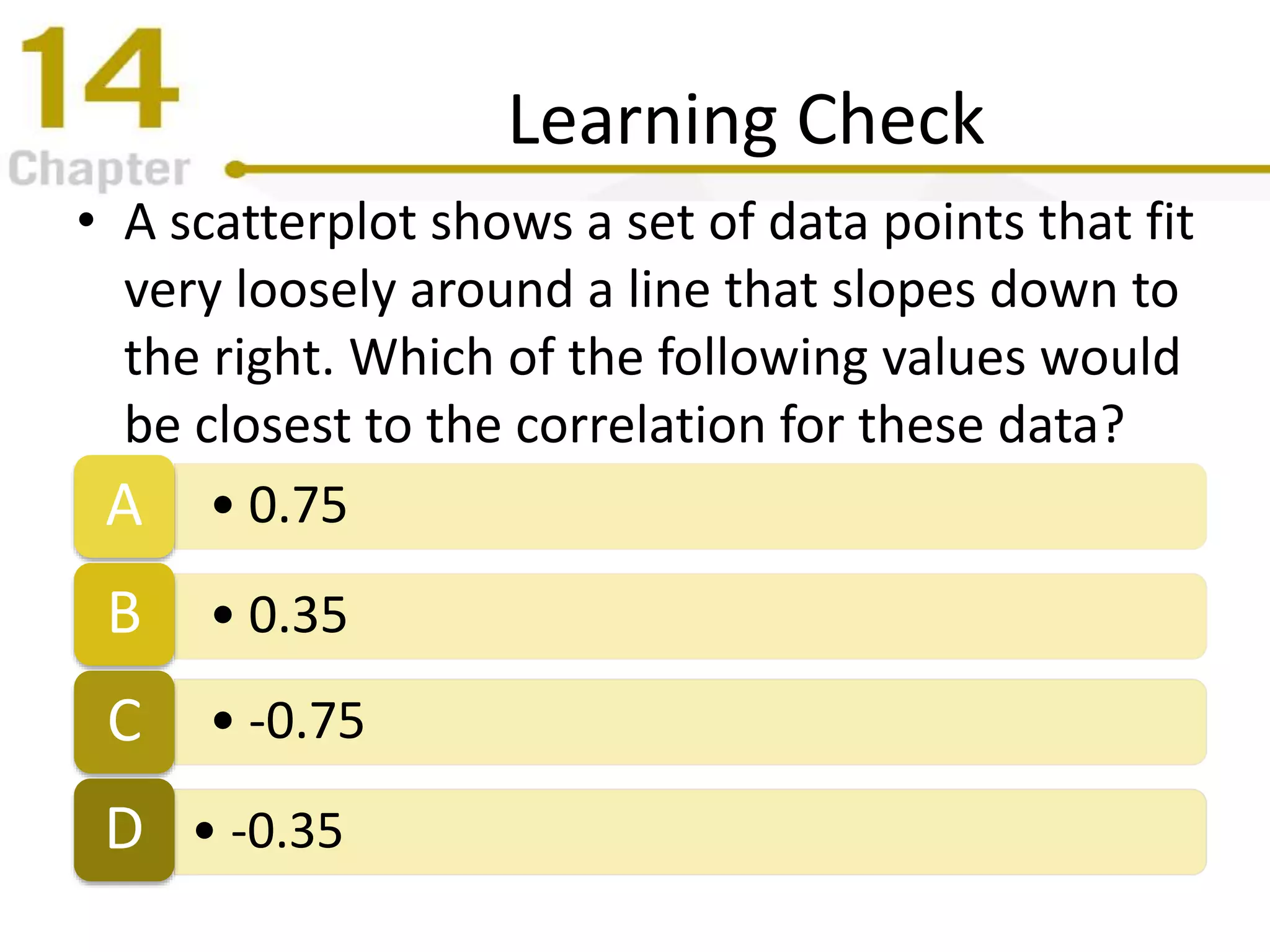 Learning Check
• A scatterplot shows a set of data points that fit
very loosely around a line that slopes down to
the right. Which of the following values would
be closest to the correlation for these data?
• 0.75A
• 0.35B
• -0.75C
• -0.35D
 