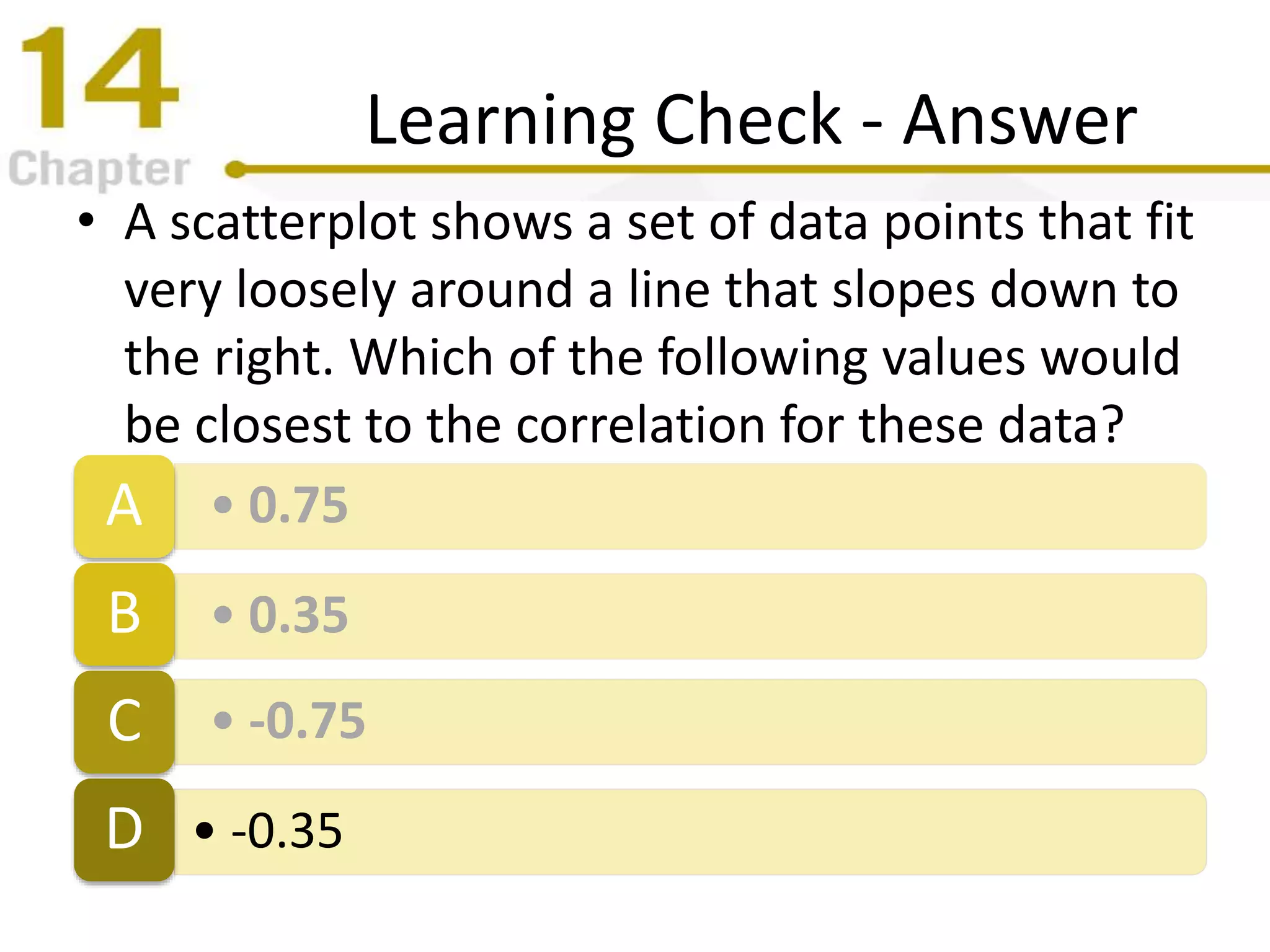 Learning Check - Answer
• A scatterplot shows a set of data points that fit
very loosely around a line that slopes down to
the right. Which of the following values would
be closest to the correlation for these data?
• 0.75A
• 0.35B
• -0.75C
• -0.35D
 