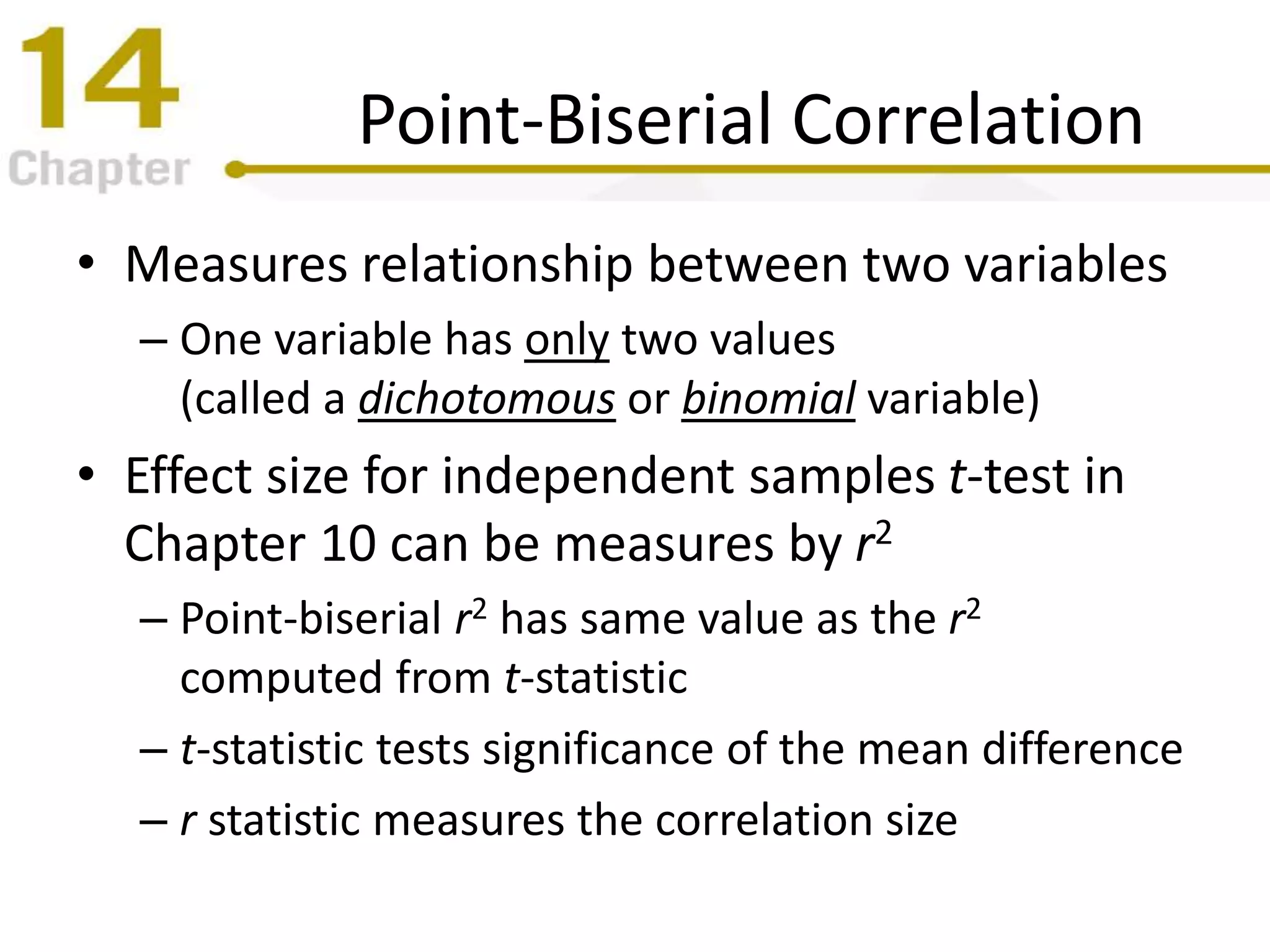 Point-Biserial Correlation
• Measures relationship between two variables
– One variable has only two values
(called a dichotomous or binomial variable)
• Effect size for independent samples t-test in
Chapter 10 can be measures by r2
– Point-biserial r2 has same value as the r2
computed from t-statistic
– t-statistic tests significance of the mean difference
– r statistic measures the correlation size
 