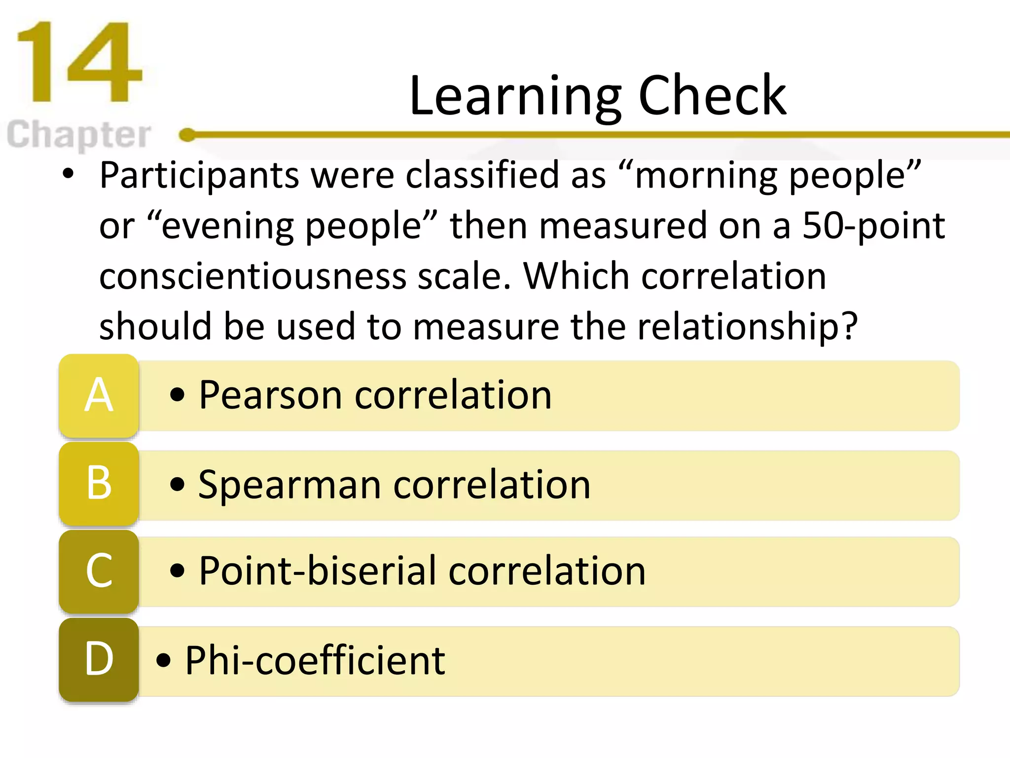 Learning Check
• Participants were classified as “morning people”
or “evening people” then measured on a 50-point
conscientiousness scale. Which correlation
should be used to measure the relationship?
• Pearson correlationA
• Spearman correlationB
• Point-biserial correlationC
• Phi-coefficientD
 