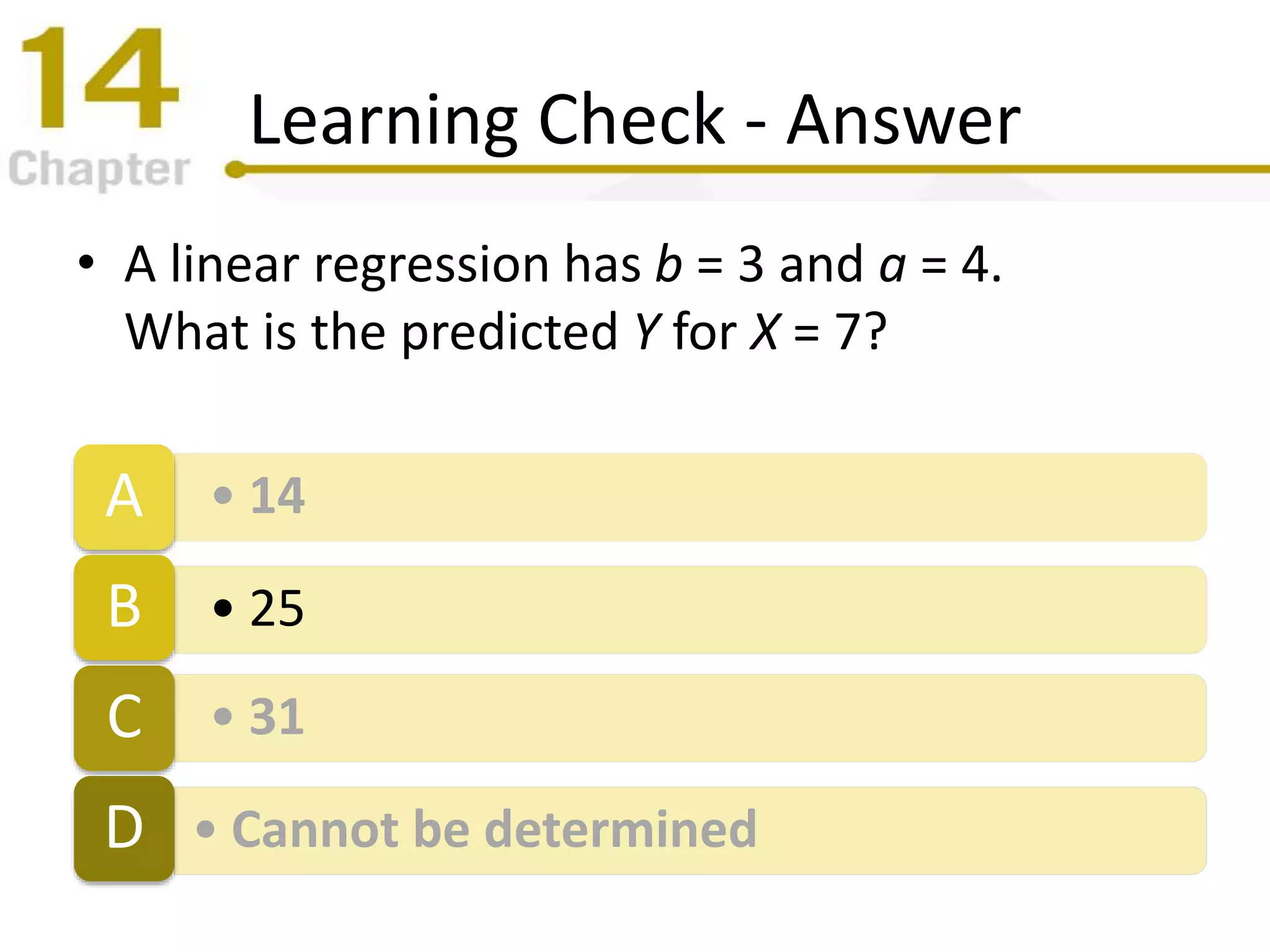 Learning Check - Answer
• A linear regression has b = 3 and a = 4.
What is the predicted Y for X = 7?
• 14A
• 25B
• 31C
• Cannot be determinedD
 