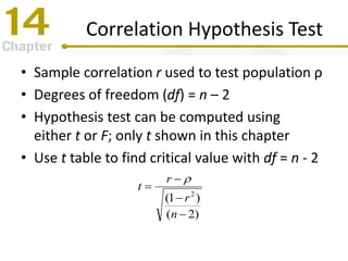 Correlation Hypothesis Test
• Sample correlation r used to test population ρ
• Degrees of freedom (df) = n – 2
• Hypothesis test can be computed using
either t or F; only t shown in this chapter
• Use t table to find critical value with df = n - 2
)2(
)1( 2




n
r
r
t

 