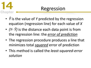 Regression
• Ŷ is the value of Y predicted by the regression
equation (regression line) for each value of X
• (Y- Ŷ) is the distance each data point is from
the regression line: the error of prediction
• The regression procedure produces a line that
minimizes total squared error of prediction
• This method is called the least-squared-error
solution
 