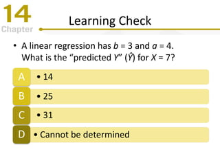 Learning Check
• A linear regression has b = 3 and a = 4.
What is the “predicted Y” (Ŷ) for X = 7?
• 14A
• 25B
• 31C
• Cannot be determinedD
 