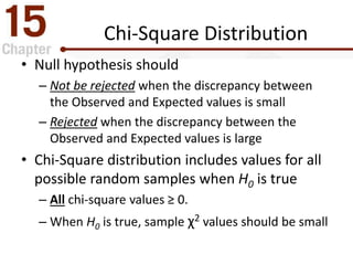 Chi-Square Distribution
• Null hypothesis should
– Not be rejected when the discrepancy between
the Observed and Expected values is small
– Rejected when the discrepancy between the
Observed and Expected values is large
• Chi-Square distribution includes values for all
possible random samples when H0 is true
– All chi-square values ≥ 0.
– When H0 is true, sample χ2 values should be small
 