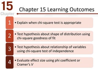 Chapter 15 Learning Outcomes
• Explain when chi-square test is appropriate1
• Test hypothesis about shape of distribution using
chi-square goodness of fit2
• Test hypothesis about relationship of variables
using chi-square test of independence3
• Evaluate effect size using phi coefficient or
Cramer’s V4
 