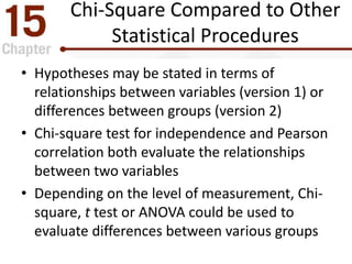 Chi-Square Compared to Other
Statistical Procedures
• Hypotheses may be stated in terms of
relationships between variables (version 1) or
differences between groups (version 2)
• Chi-square test for independence and Pearson
correlation both evaluate the relationships
between two variables
• Depending on the level of measurement, Chi-
square, t test or ANOVA could be used to
evaluate differences between various groups
 