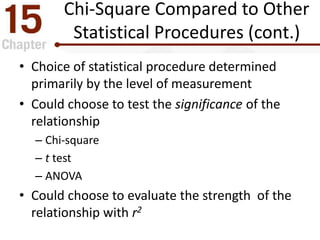 Chi-Square Compared to Other
Statistical Procedures (cont.)
• Choice of statistical procedure determined
primarily by the level of measurement
• Could choose to test the significance of the
relationship
– Chi-square
– t test
– ANOVA
• Could choose to evaluate the strength of the
relationship with r2
 