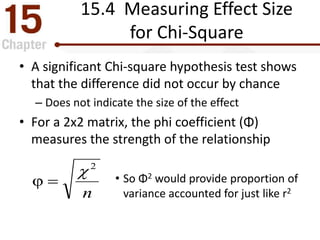 15.4 Measuring Effect Size
for Chi-Square
• A significant Chi-square hypothesis test shows
that the difference did not occur by chance
– Does not indicate the size of the effect
• For a 2x2 matrix, the phi coefficient (Φ)
measures the strength of the relationship
• So Φ2 would provide proportion of
variance accounted for just like r2n
2
φ


 