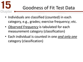 Goodness of Fit Test Data
• Individuals are classified (counted) in each
category, e.g., grades; exercise frequency; etc.
...