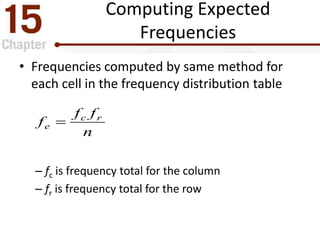 Computing Expected
Frequencies
• Frequencies computed by same method for
each cell in the frequency distribution table
– f...