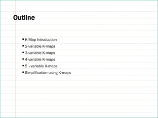 Outline
▪ K-Map Introduction
▪ 2-variable K-maps
▪ 3-variable K-maps
▪ 4-variable K-maps
▪ 5 –variable K-maps
▪ Simplification using K-maps
 