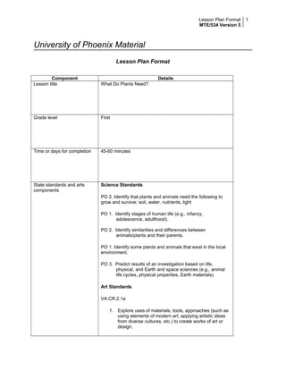 Lesson Plan Format
MTE/534 Version 5
1
University of Phoenix Material
Lesson Plan Format
Component Details
Lesson title What Do Plants Need?
Grade level First
Time or days for completion 45-60 minutes
State standards and arts
components
Science Standards
PO 2. Identify that plants and animals need the following to
grow and survive: soil, water, nutrients, light
PO 1. Identify stages of human life (e.g., infancy,
adolescence, adulthood).
PO 2. Identify similarities and differences between
animals/plants and their parents.
PO 1. Identify some plants and animals that exist in the local
environment.
PO 3. Predict results of an investigation based on life,
physical, and Earth and space sciences (e.g., animal
life cycles, physical properties, Earth materials).
Art Standards
VA.CR.2.1a
1. Explore uses of materials, tools, approaches (such as
using elements of modern art, applying artistic ideas
from diverse cultures, etc.) to create works of art or
design.
 