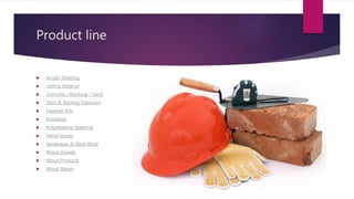Product line
 Acrylic Sheeting
 Ceiling Material
 Concrete / Blacktop / Sand
 Deck & Roofing Fasteners
 Fastener Kits
 Insulation
 Polyethelene Sheeting
 Metal Goods
 Sandpaper & Steel Wool
 Wood Dowels
 Wood Products
 Wood Repair
 