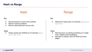 © 2023 All Rights Reserved
Hash vs Range
Pro
● Recommended for most of the workload
● Best for massive workload
● Best for data distribution across node
Cons
● Range queries are inefficiency, for example where
k>v1 and k<v2
Pro
● Efficient for range query, for example where k>v1
and k<v2
Cons
● Warming issue, as starting everything on a single
node / tablets (need presplitting)
● May lead to hotspot, many PK within the same
tablets
Hash Range
 